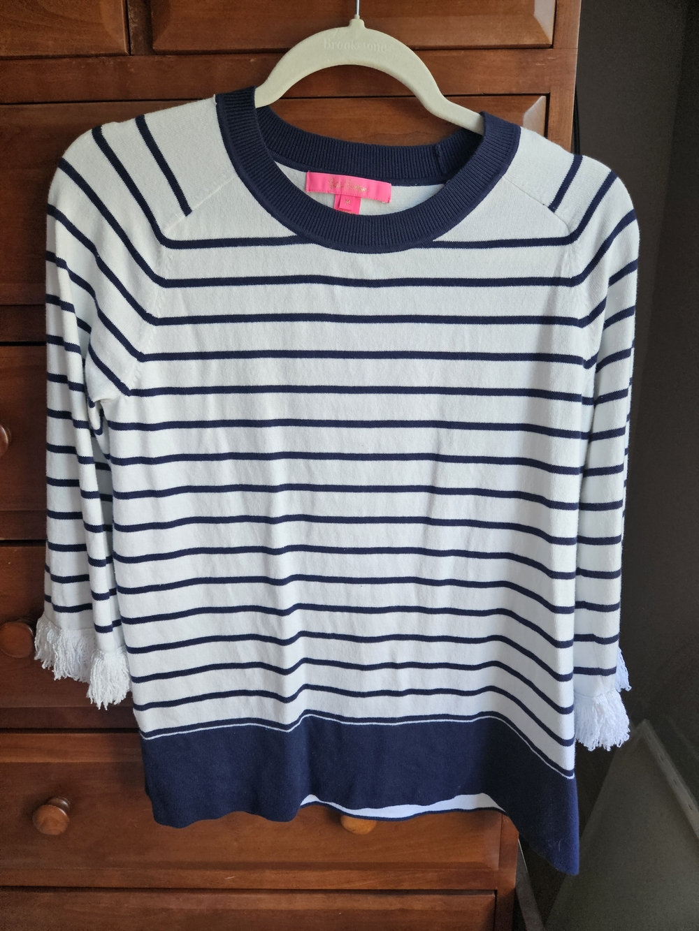 Lilly Pulitzer Navy and White Striped Fringe-Sleeve Sweater